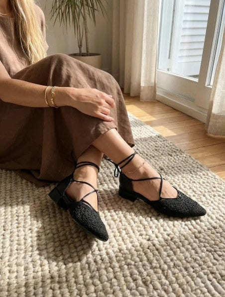 Zapatos de Mujer Negros de Punta Trenzados con Cordones al Tobillo | Tacón Bajo Cuadrado | Elegantes y Cómodos para Primavera Verano