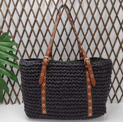 Bolso Paja Mujer | Bolsos Tejidos Crochet - Bolso Playa Verano Negro