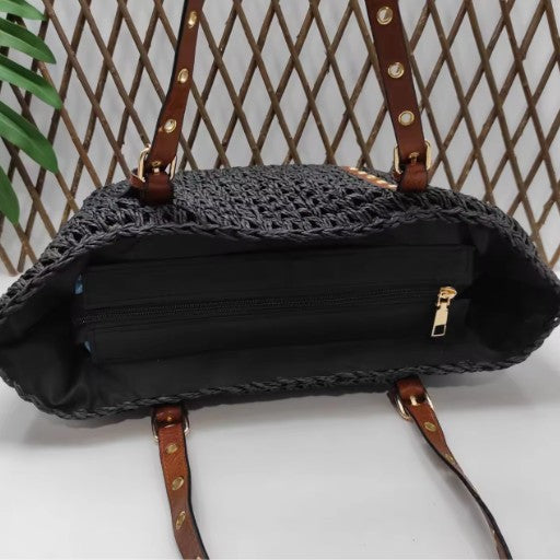 Bolso Paja Mujer | Bolsos Tejidos Crochet - Bolso Playa Verano Negro