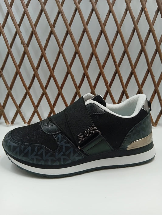 Zapatillas Deportivas Mujer Negras con Cierre de Velcro, Suela Bicolor Antideslizante, Estilo Urbano Negro