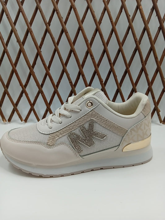 Zapatillas Deportivas Mujer Beige con Letras en Pedreria .Suela Antideslizante, Estilo Urbano Chic - Beige