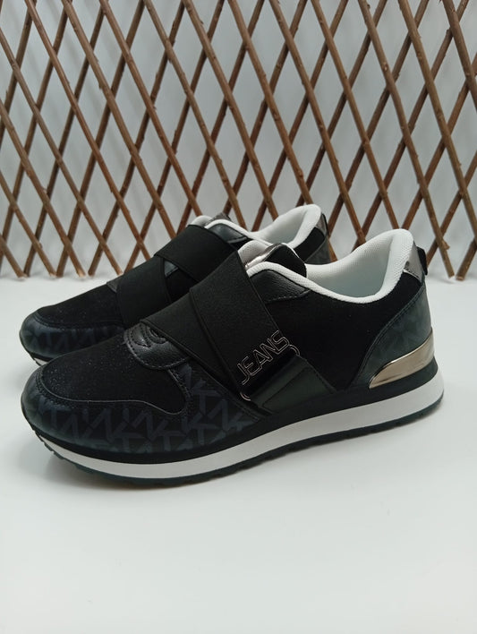 Zapatillas Deportivas Mujer Negras con Cierre de Velcro, Suela Bicolor Antideslizante, Estilo Urbano Negro