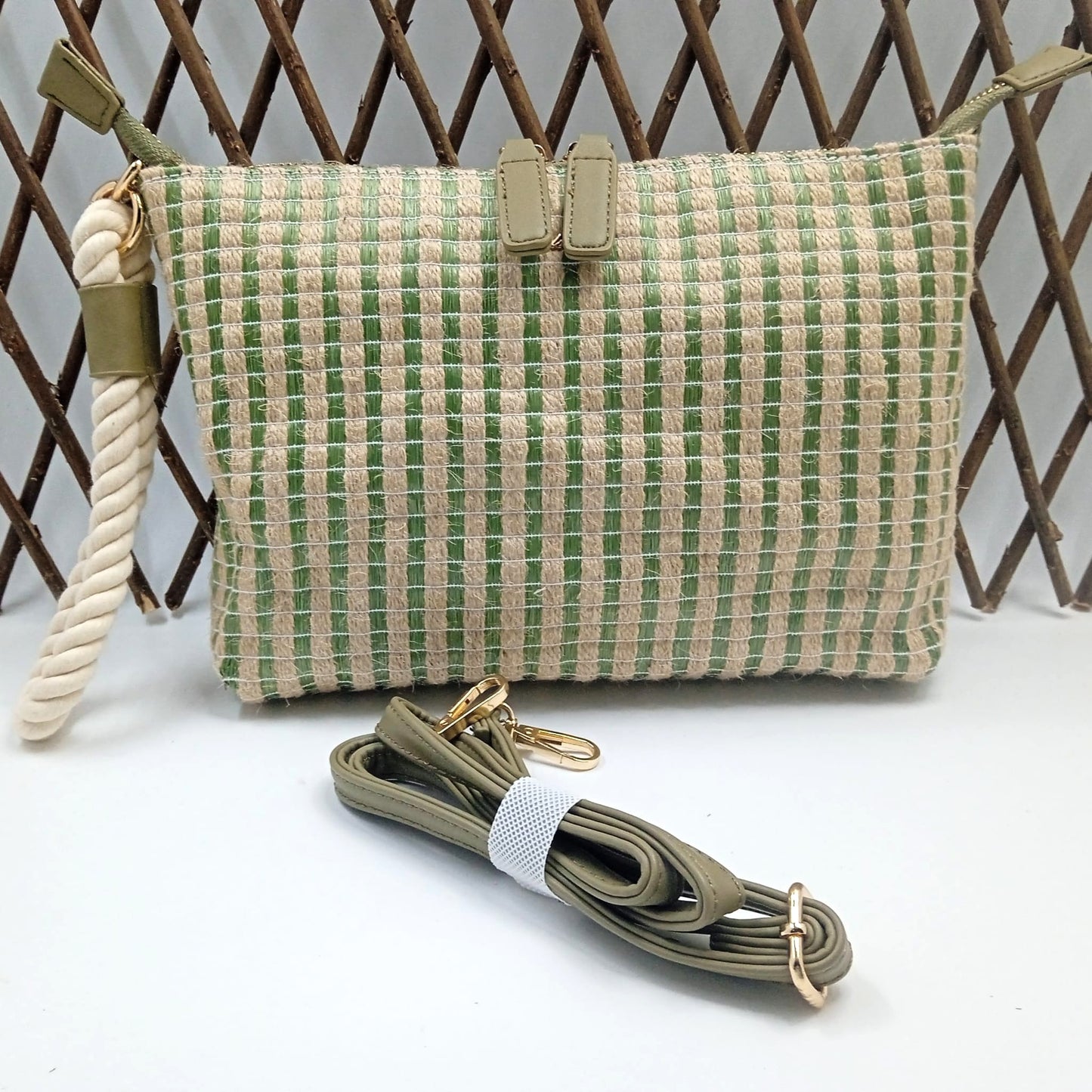 Bolso de Esparto Mujer Cruzado - Bolso de Verano de Rafia Informal - Beige y Verde