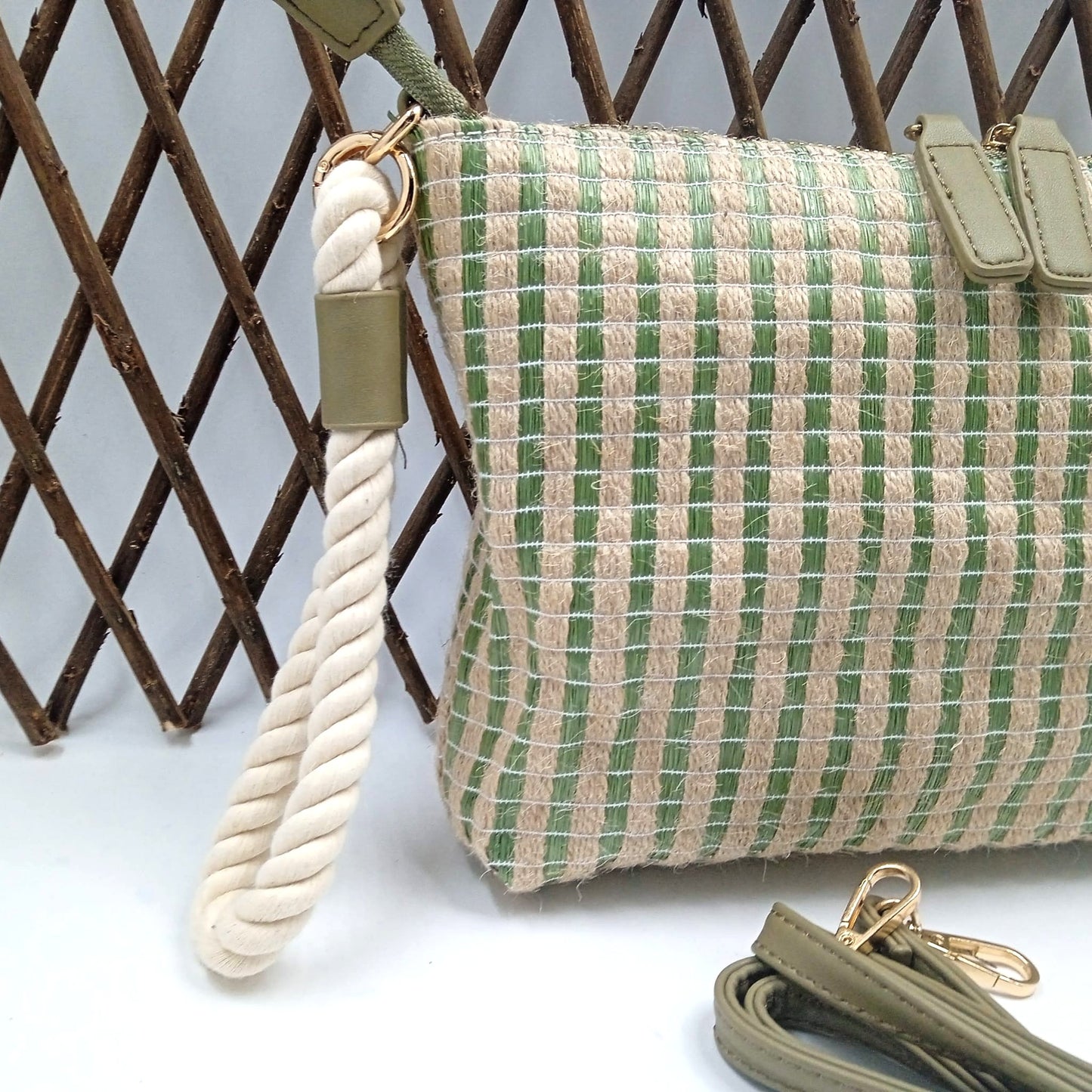 Bolso de Esparto Mujer Cruzado - Bolso de Verano de Rafia Informal - Beige y Verde