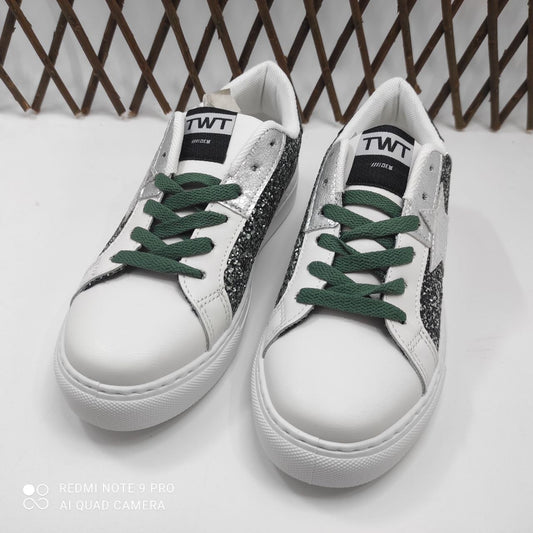 Zapatillas mujer blancas y verdes con estrella y glitter | tenis casual cómodos con cordones Encarni Zapateria