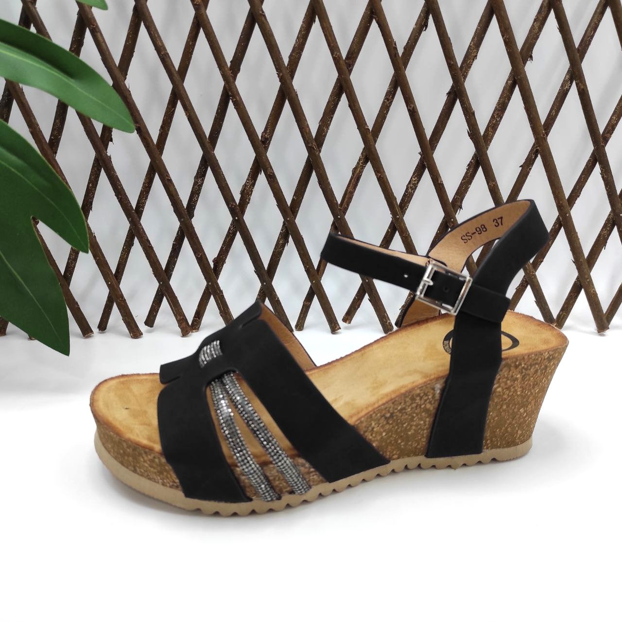 Sandalias Mujer Cuña Baja Negras con Hebilla Ajustable y Tiras Decorativas Brillo Cómodas Plataforma Corcho Verano