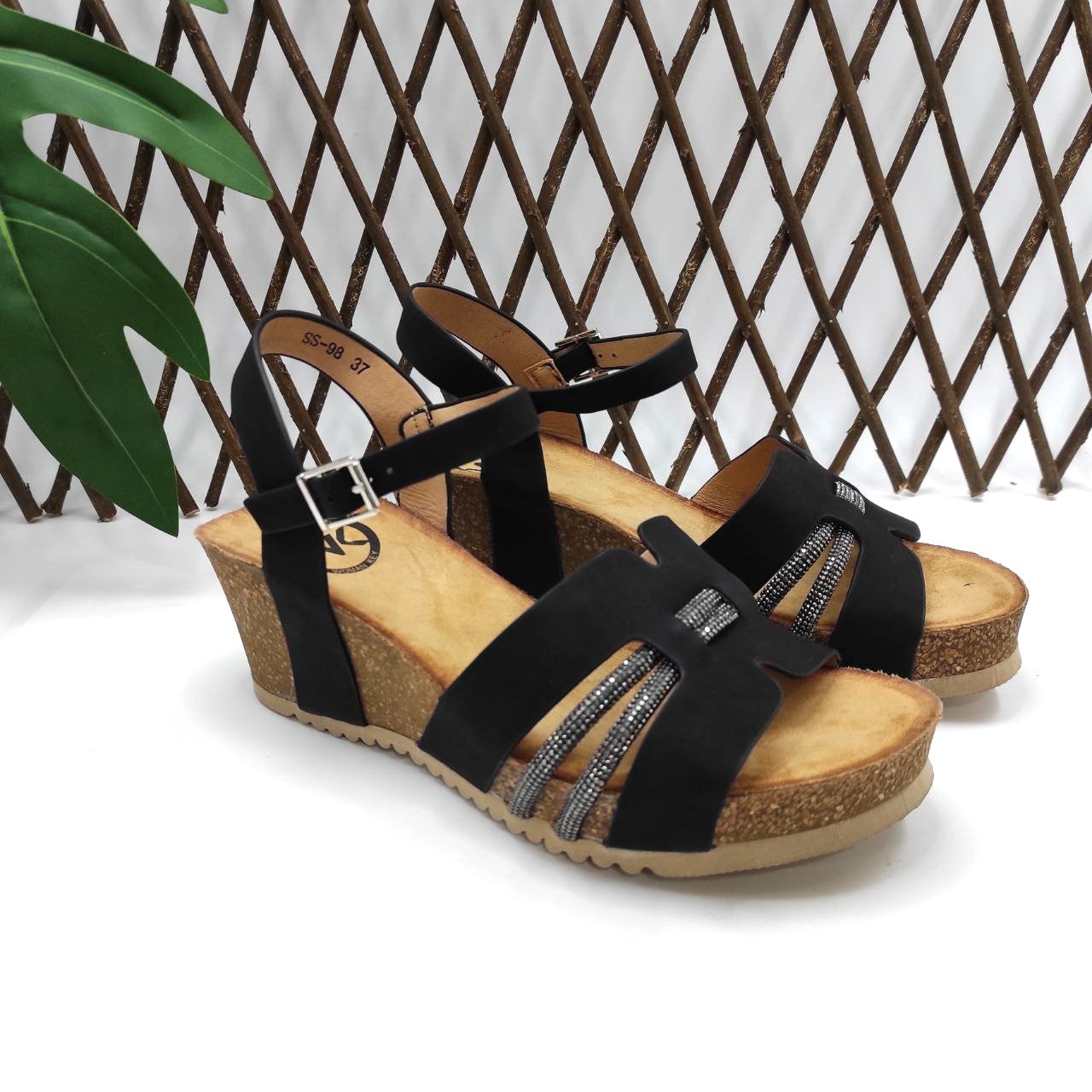 Sandalias Mujer Cuña Baja Negras con Hebilla Ajustable y Tiras Decorativas Brillo Cómodas Plataforma Corcho Verano