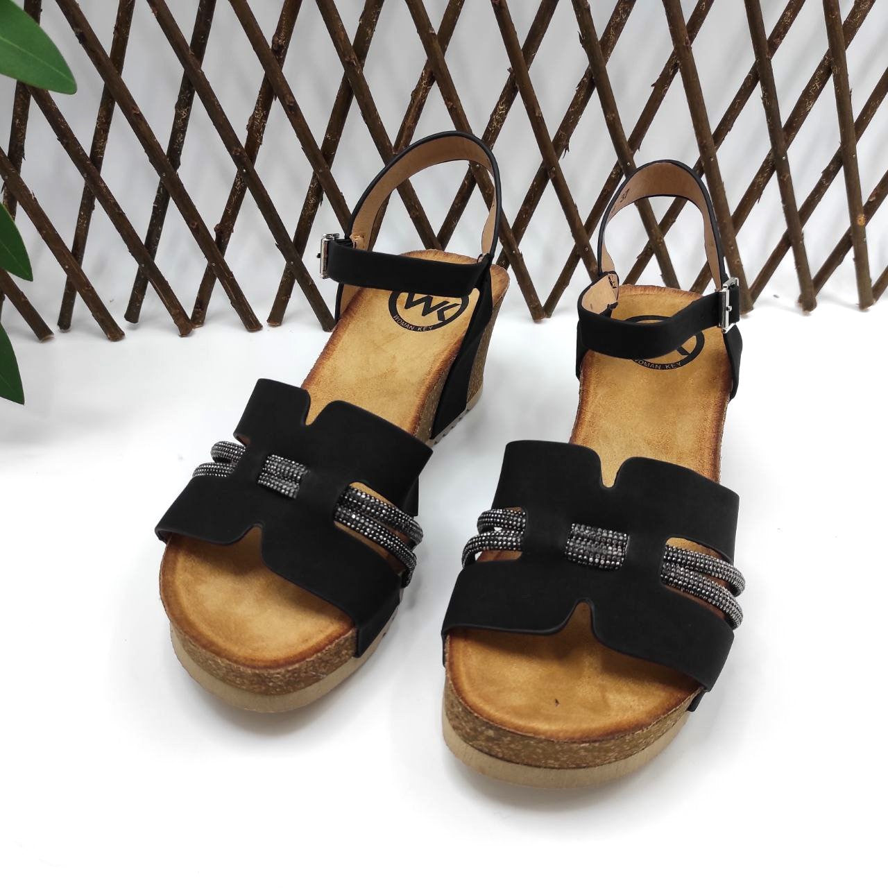 Sandalias Mujer Cuña Baja Negras con Hebilla Ajustable y Tiras Decorativas Brillo Cómodas Plataforma Corcho Verano