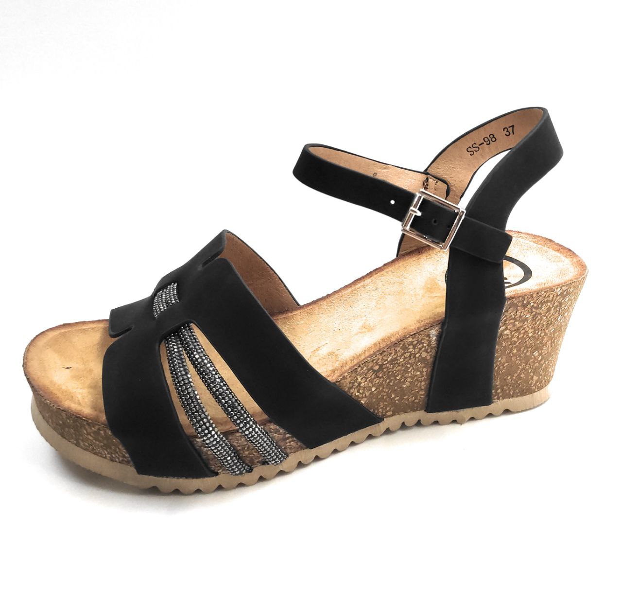 Sandalias Mujer Cuña Baja Negras con Hebilla Ajustable y Tiras Decorativas Brillo Cómodas Plataforma Corcho Verano